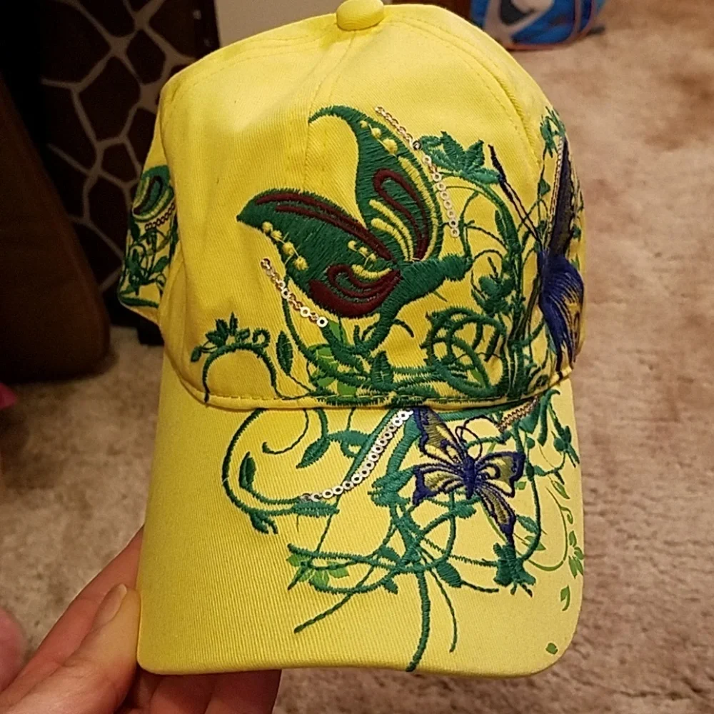 Flower & Butterfly Yellow Sequin Cap Adjustable NWT